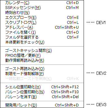 開発者モードでの機能サブメニュー